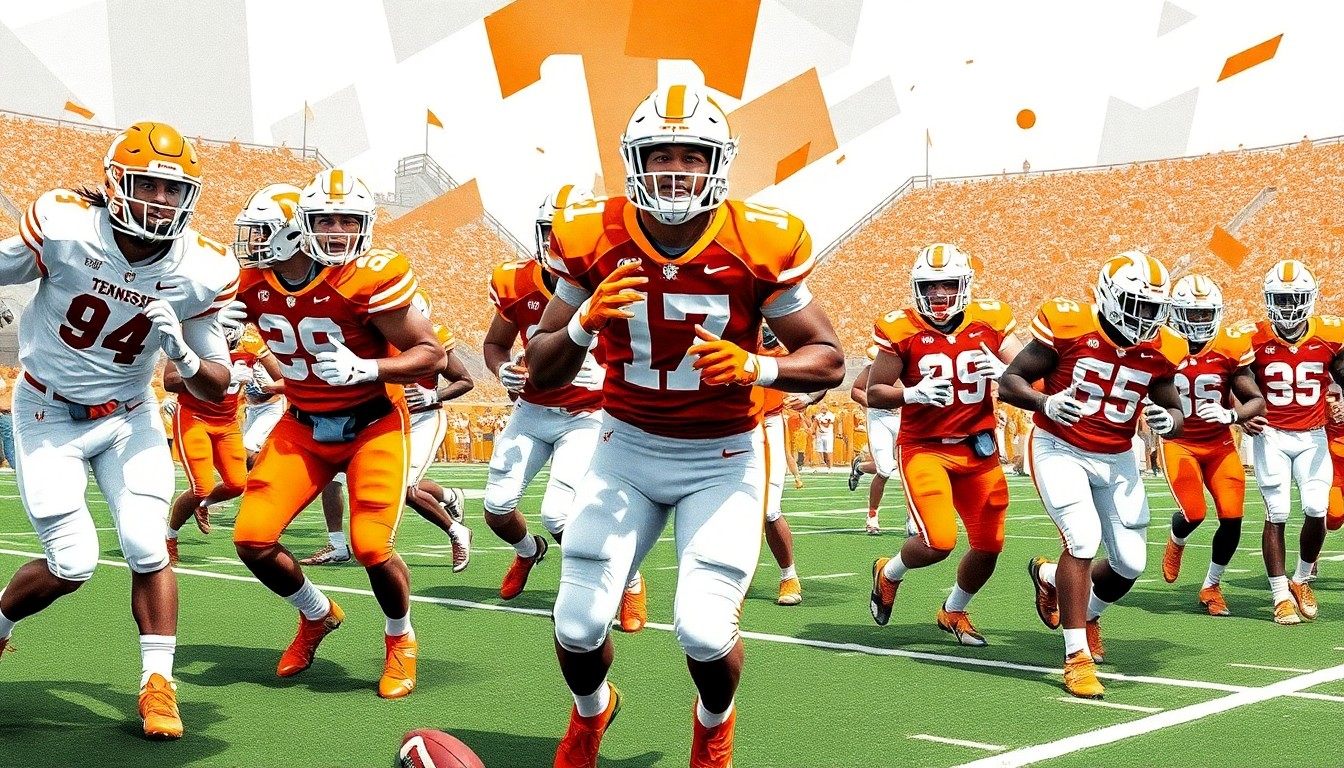 A vibrant, fractured painting in the style of Pablo Picasso, breaking down the action and energy of a Tennessee football practice into sharp, overlapping geometric planes of orange and white.