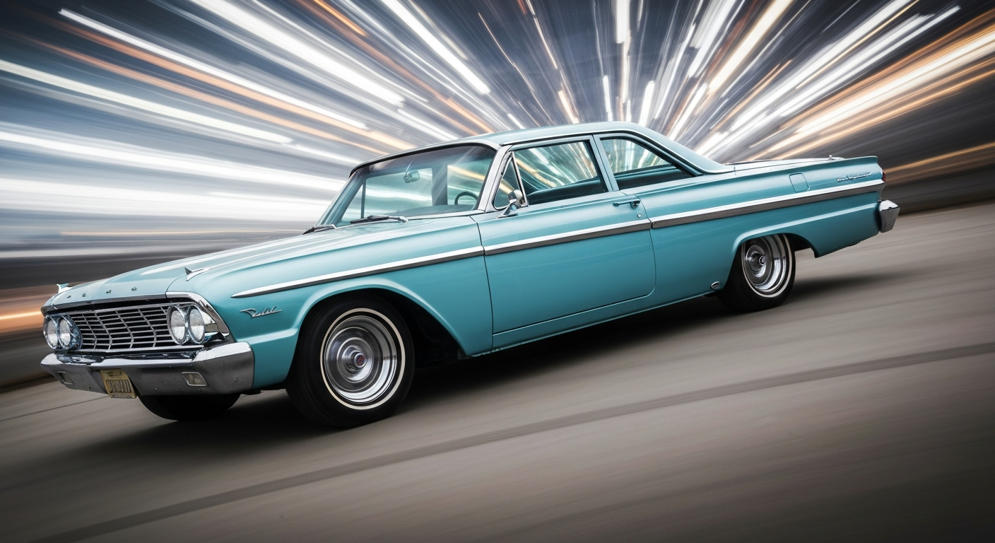 An abstract, motion-blurred image of a custom 1960 Ford Ranchero in shades of aqua, gold, and red, conveying a sense of speed and energy.
