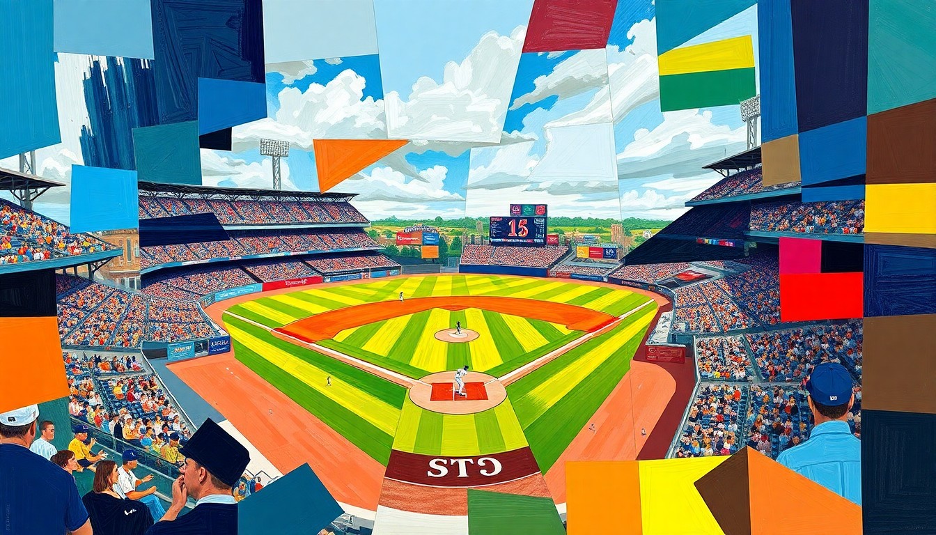 A fractured, cubist-style painting depicting a baseball game or match, with sharp geometric shapes and planes in the official colors of the Charleston RiverDogs, capturing the dynamic energy and strategic elements of the sport.
