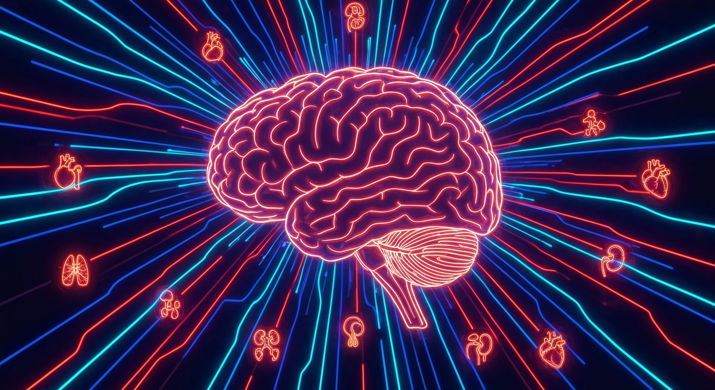 A minimalist neon outline of a human brain against a dark background, with glowing lines pulsing to represent neural activity, conveying the idea of brain health and electrical signals.