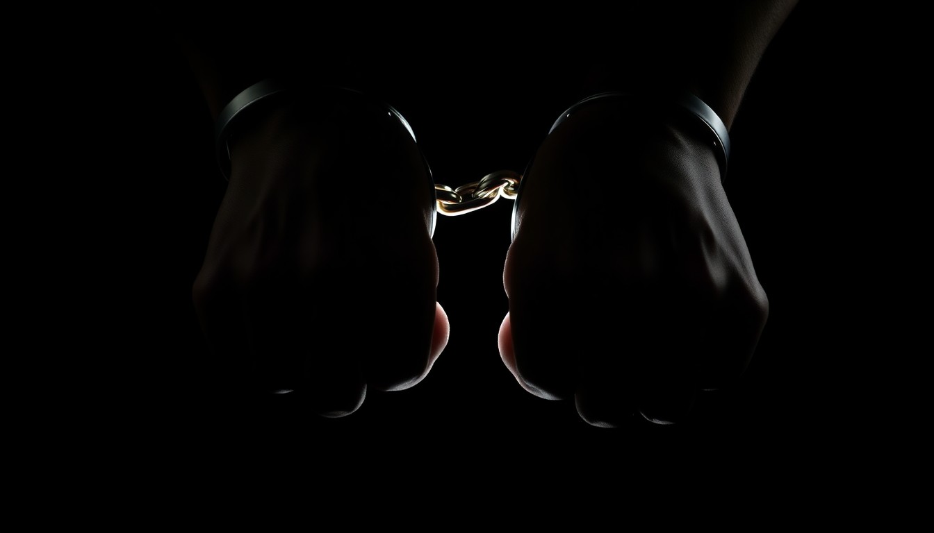 An extreme close-up of a pair of handcuffed hands, the metal cuffs reflecting a harsh, direct flash of light against a pitch-black background, conceptually representing the serious criminal allegations against the former school district employees.