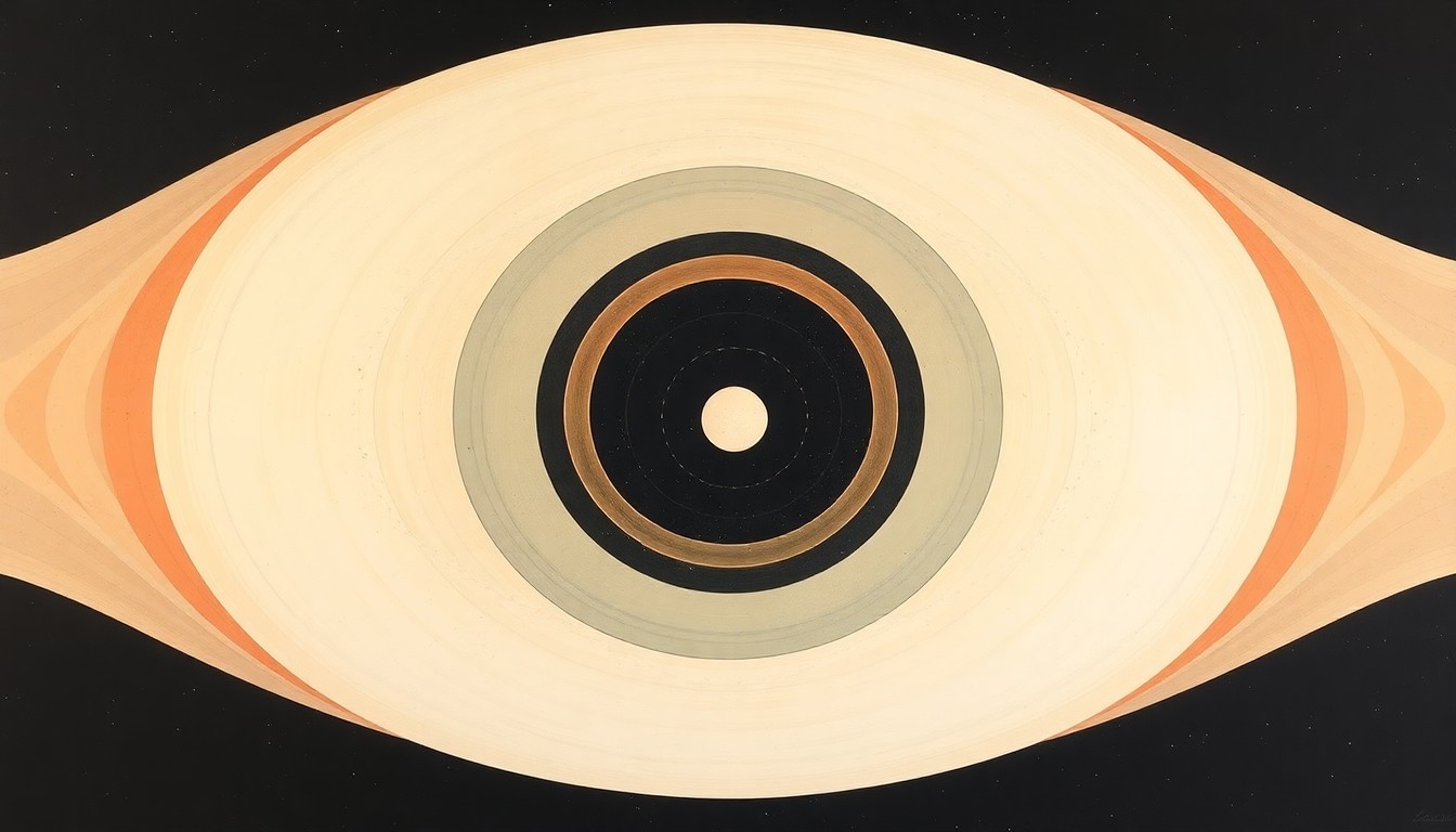 A highly structured abstract painting in soft, flat colors featuring sweeping geometric arcs, concentric planetary circles, and precise botanical spirals, conceptually representing the complex forces and concepts of space travel.