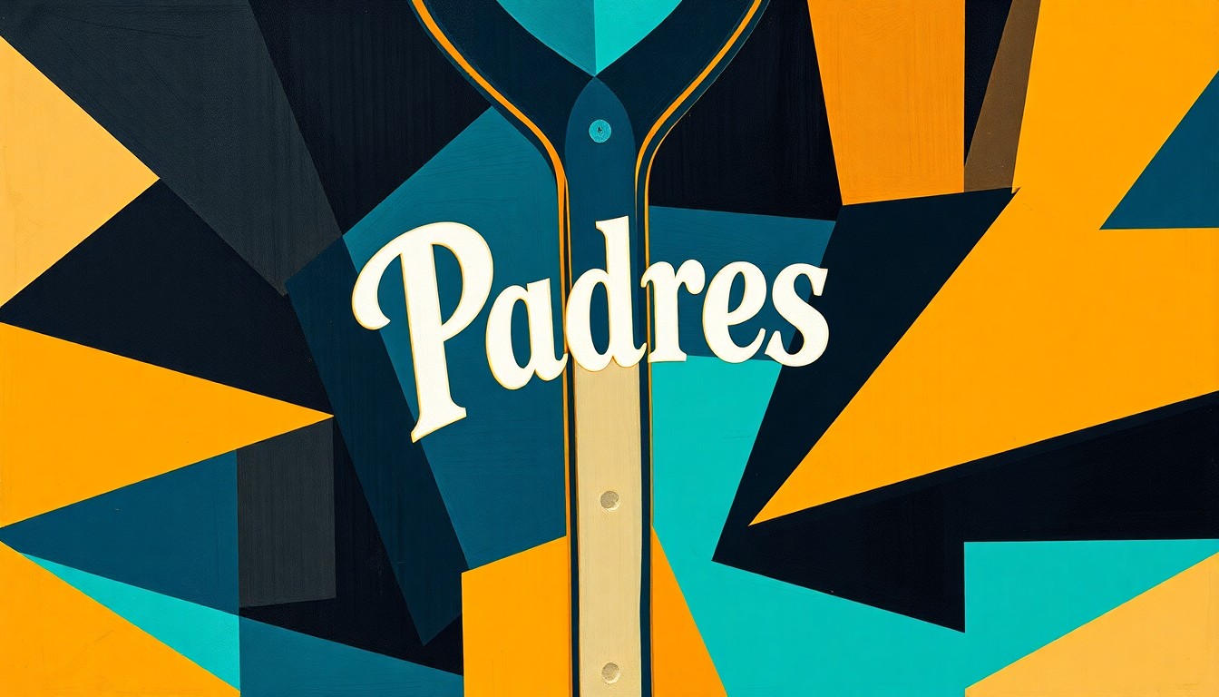 A cubist-style painting featuring fragmented geometric shapes in shades of black, gold, bone, and aqua, representing the Padres' new City Connect jersey design.