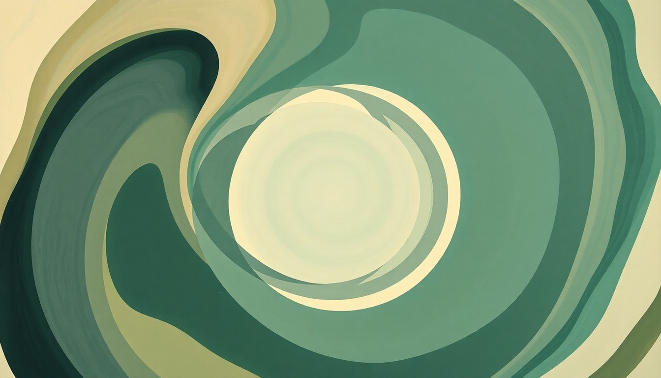 A highly structured abstract painting in muted tones of green, blue, and gray, featuring sweeping geometric arcs, concentric circles, and precise botanical spirals, conceptually representing the complex interplay of water currents, turbine blades, and energy flows in the Great Lakes region's hydropower revolution.