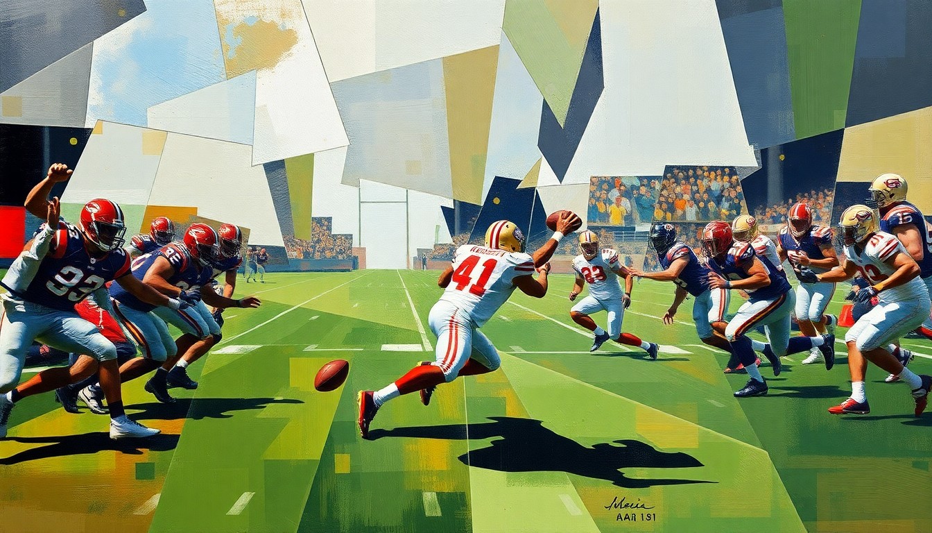 A fragmented, geometric painting depicting a football player in motion, with sharp, overlapping shapes and planes representing the dynamic nature of the sport and the strategic decisions facing the Commanders.