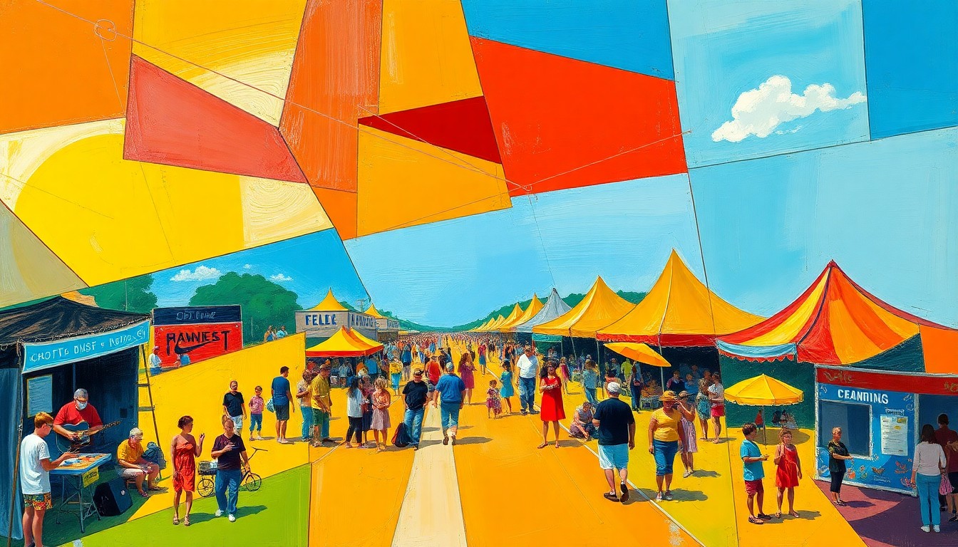 A heavily textured, sweeping oil paint brushstrokes in bright sunflower yellow, cherry red, and sky blue, conceptually representing the joyful energy of a community festival.