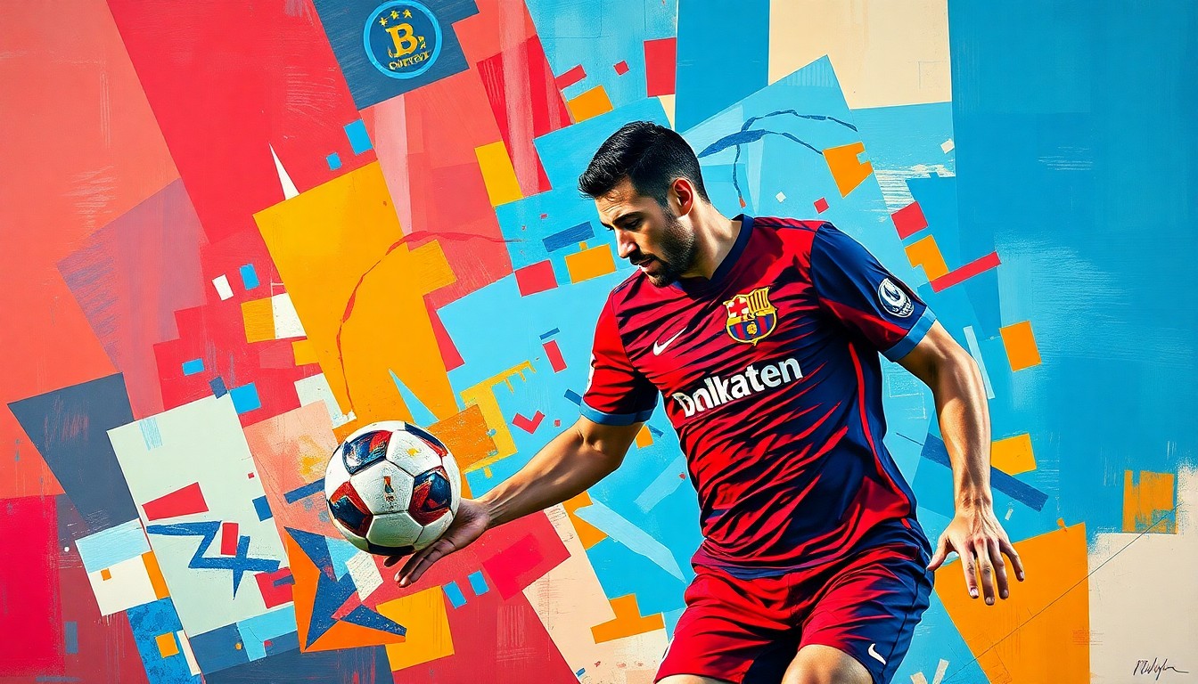A fractured, geometric painting depicting a soccer player in motion, with sharp, overlapping planes of color representing the dynamic nature of the sport and the speculation around Messi's career.