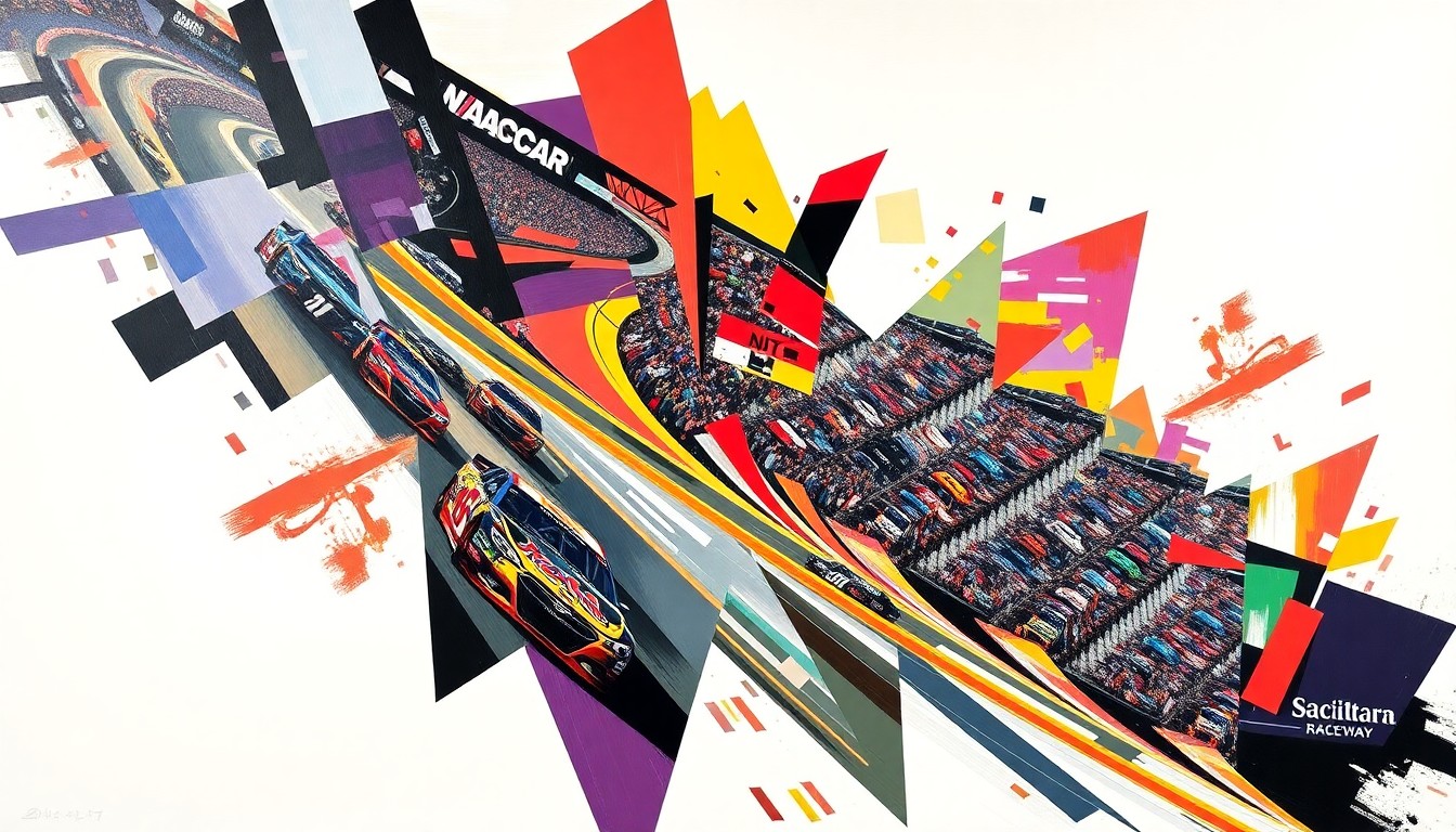 A cubist, geometric painting depicting a NASCAR race at Darlington Raceway, with the cars and track broken down into sharp, overlapping planes of vibrant colors representing the intense competition and strategic maneuvering of the new short-track package.
