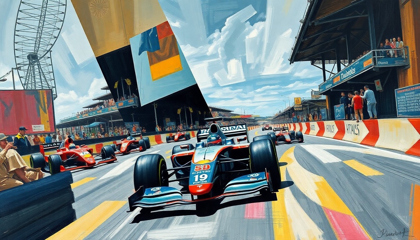 A cubist, geometric painting depicting a Formula 1 race scene, with the cars and track broken down into sharp, overlapping planes of color and shape, conveying the intense competition and challenges faced by drivers in such a high-pressure environment.