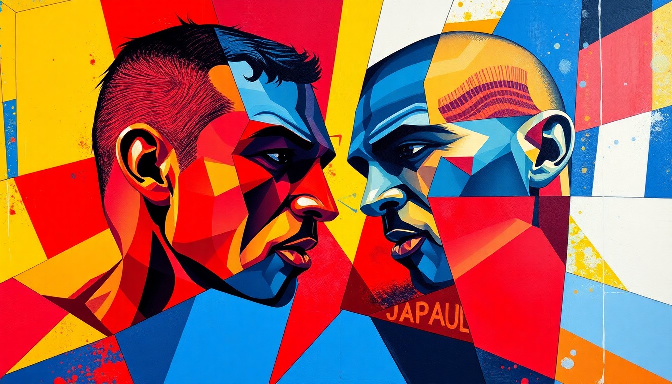 A cubist-style painting depicting the boxing match between Jake Paul and Anthony Joshua, with the fighters' forms broken down into sharp, overlapping geometric shapes in a vibrant color palette, conveying the intensity and drama of the event.