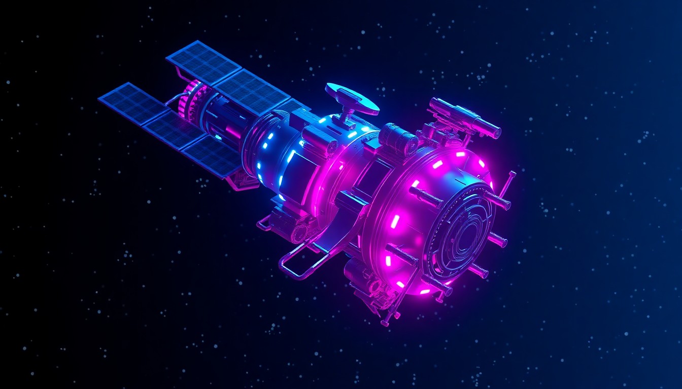 A highly detailed 3D illustration of a glowing, futuristic satellite in orbit, with neon cyan and magenta lights illuminating its complex hardware and antenna arrays, surrounded by a field of stars representing the vast expanse of space.