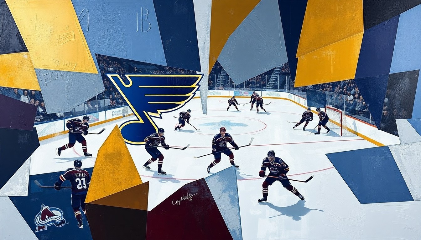 A fractured, multi-perspective painting in a cubist style, breaking down a hockey game between the St. Louis Blues and Colorado Avalanche into sharp, overlapping geometric planes of navy blue, gold, burgundy, blue, and silver, conceptually representing the strategic lineup changes and competitive spirit of the matchup.