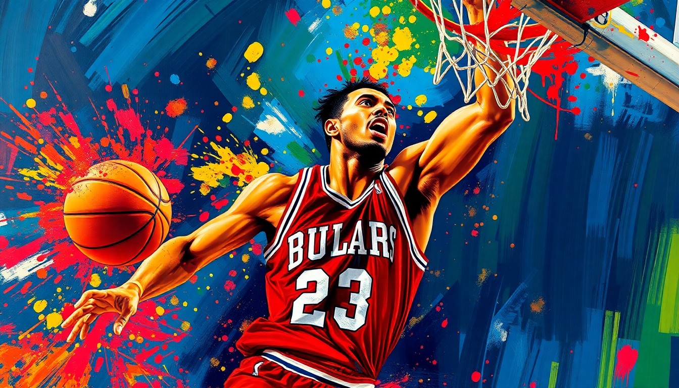 An extreme close-up of Anthony Edwards driving to the hoop, his face and jersey dissolving into a vibrant, expressionist painting of neon brushstrokes and splatters, capturing the raw energy and scoring explosion of the game.