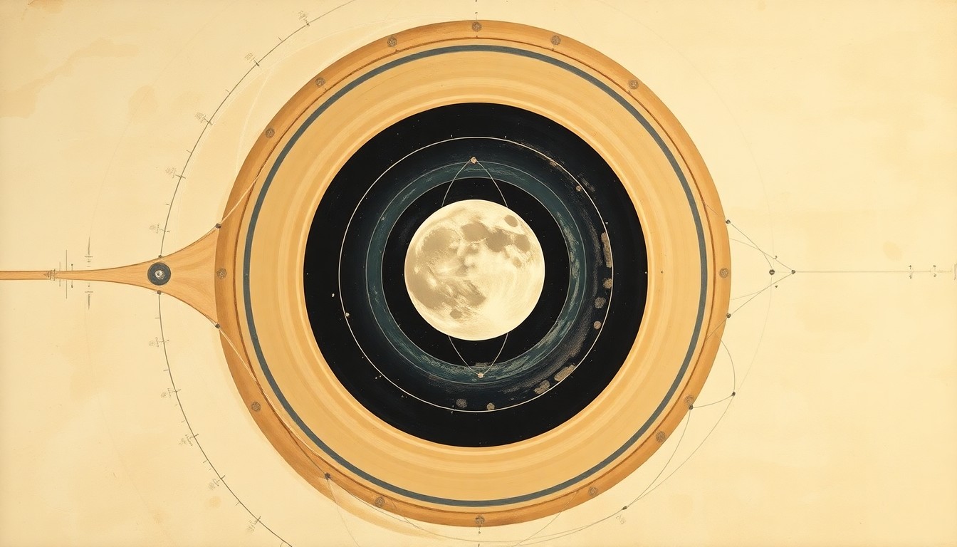 A highly textured, abstract painting in soft earth tones featuring sweeping geometric arcs, concentric circles, and precise botanical spirals, conceptually representing the Artemis II spacecraft's journey to the Moon and back.