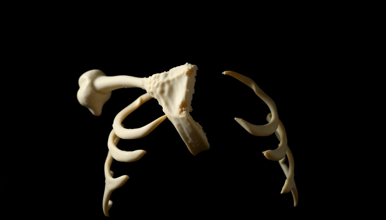 An extreme close-up photograph of a baby's broken rib bone against a pitch-black background, capturing the stark, gritty reality of this tragic case of infant abuse.