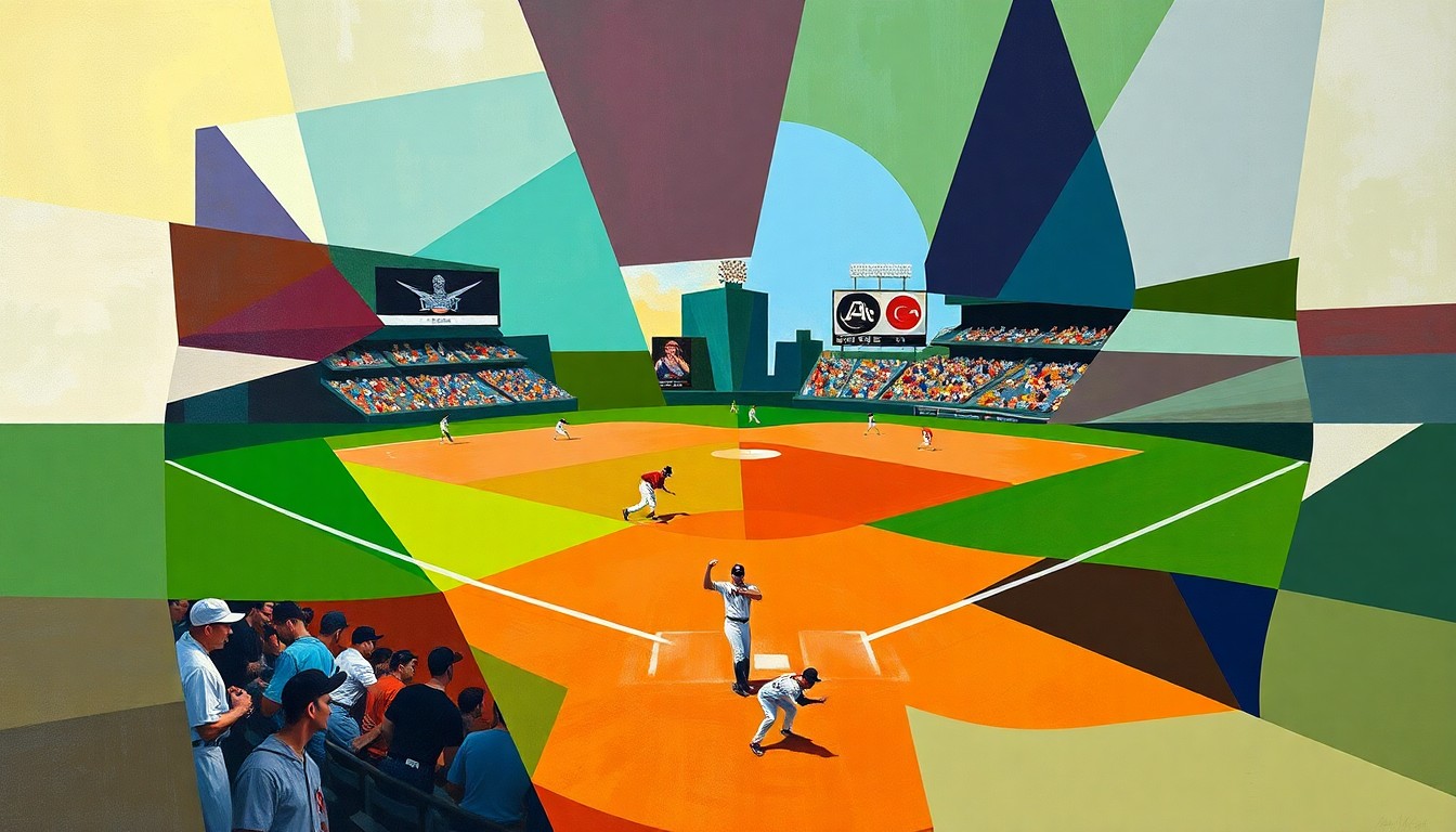 A fractured, geometric painting in the style of Pablo Picasso, depicting the baseball game as a series of overlapping planes and shapes in vibrant colors, conveying the dynamic motion and energy of the sport.
