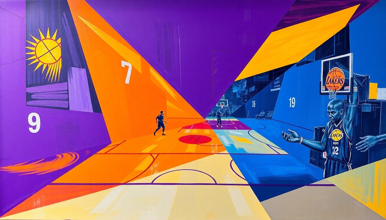 A fragmented, geometric painting depicting a basketball game, with sharp planes of purple, orange, and blue overlapping to create a dynamic, abstract representation of the action on the court.