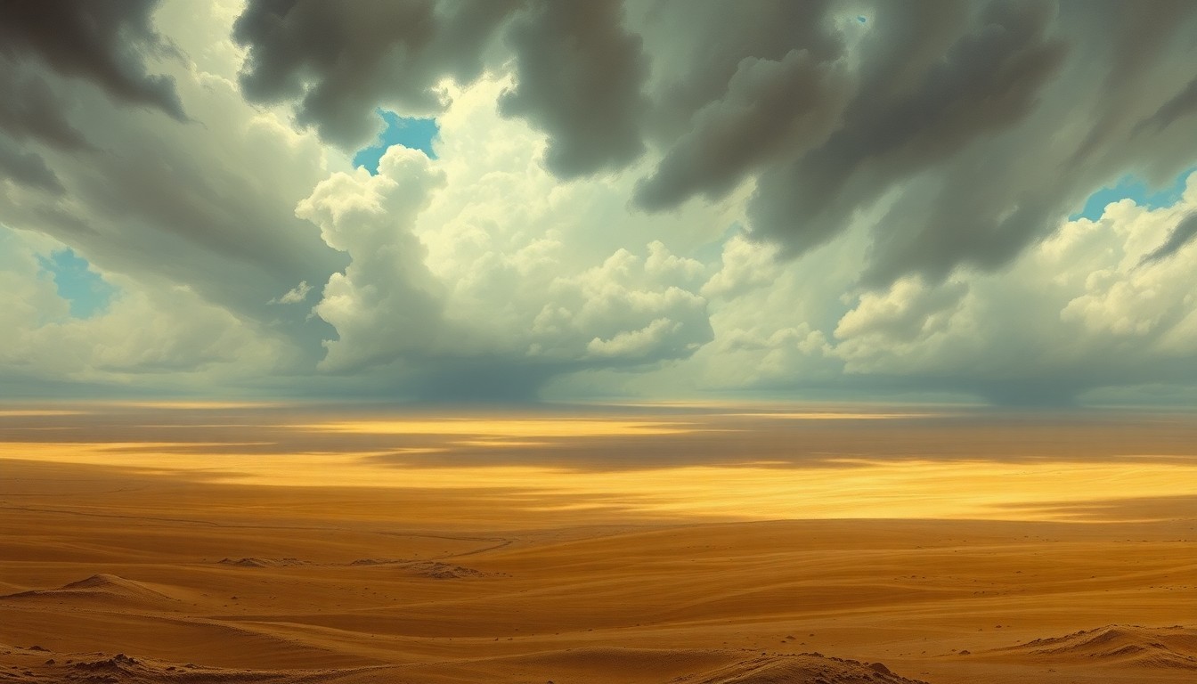 A vast, majestic landscape painting depicting a dry, windswept desert under a dramatic, cloudy sky, with the overwhelming scale of the natural environment dwarfing any physical structures or objects.