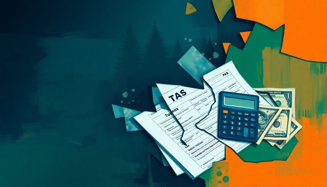 A vibrant, abstract painting featuring overlapping, geometric shapes in shades of blue, green, and orange, depicting financial documents and currency in a fractured, dynamic composition.