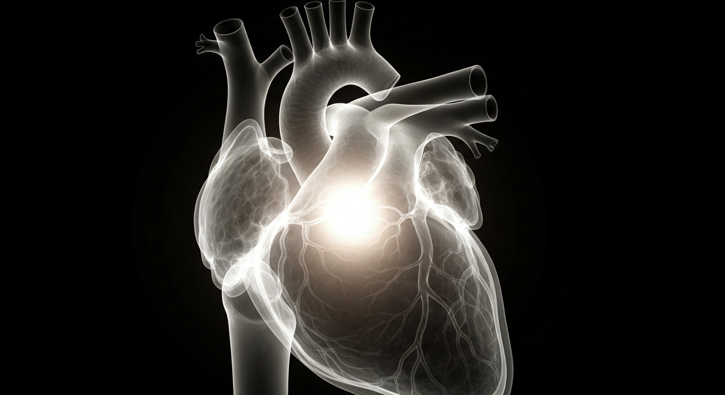 A ghostly, translucent X-ray photograph of a human heart, glowing with an inner radiance against a dark background, conveying the fragility and resilience of the human body.