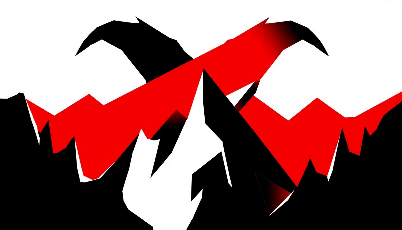 An abstract, minimalist illustration featuring bold, jagged shapes in black, white, and red, conceptually representing the expansive Yellowstone franchise and its various spinoff shows.