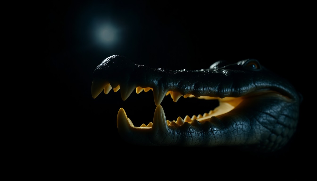 An extreme close-up photograph of an alligator tooth or claw, the harsh lighting and stark black background creating a gritty, investigative feel to the image.