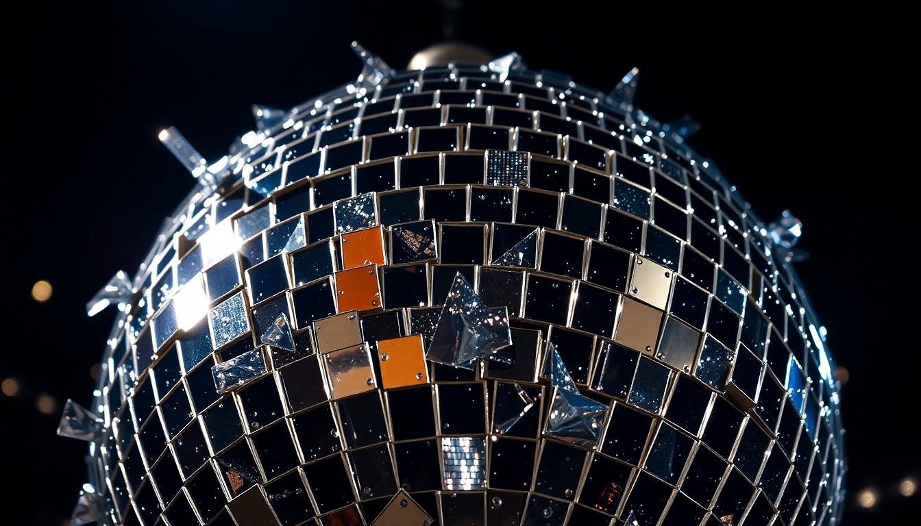 An abstract close-up photograph of shattered disco ball fragments reflecting dramatic studio lighting, conveying a sense of tension and contrast between the high-energy world of electronic dance music and the solemn ritual of a championship sporting event.