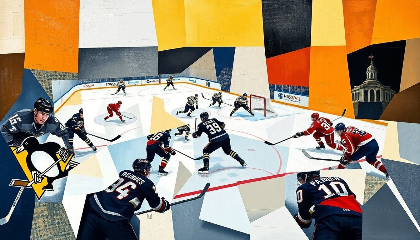 A fractured, multi-perspective painting in the style of Pablo Picasso, depicting a hockey game between the Pittsburgh Penguins and Florida Panthers. The players' movements and the energy of the game are captured through the cubist style, with sharp, overlapping geometric planes.