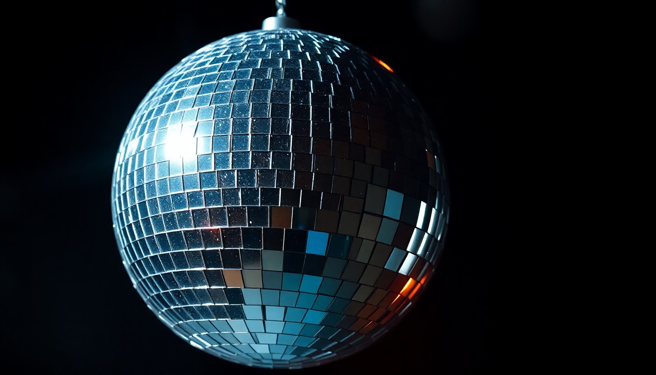 An abstract close-up image of a shattered disco ball reflecting dramatic, high-contrast lighting, conceptually representing the fragility and glamour of rock star fame.