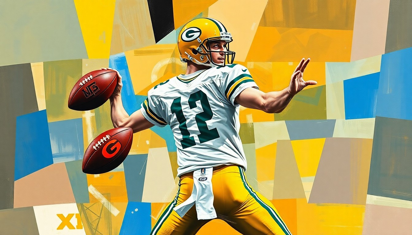 A fragmented, geometric painting depicting a Packers quarterback in motion, with sharp, overlapping planes of color and form capturing the dynamic nature of the position and the team's need to find a reliable backup.