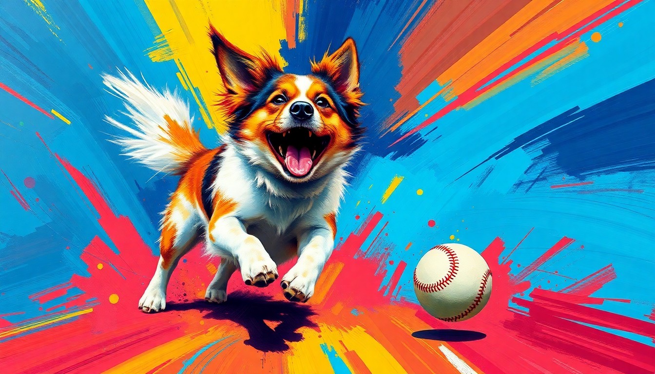 An energetic, abstract painting in neon colors depicting a dog in mid-motion, capturing the playful and dynamic spirit of Shohei Ohtani's dog, Decoy, as he chases after a baseball.