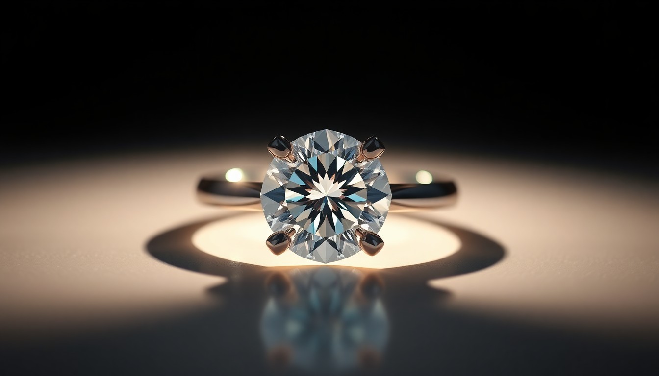 An extreme close-up of a sparkling diamond engagement ring, its facets reflecting dramatic, high-contrast studio lighting to create a glamorous, high-fashion aesthetic, conceptually representing the emotional significance of Gracie Hunt and Derek Green's engagement.