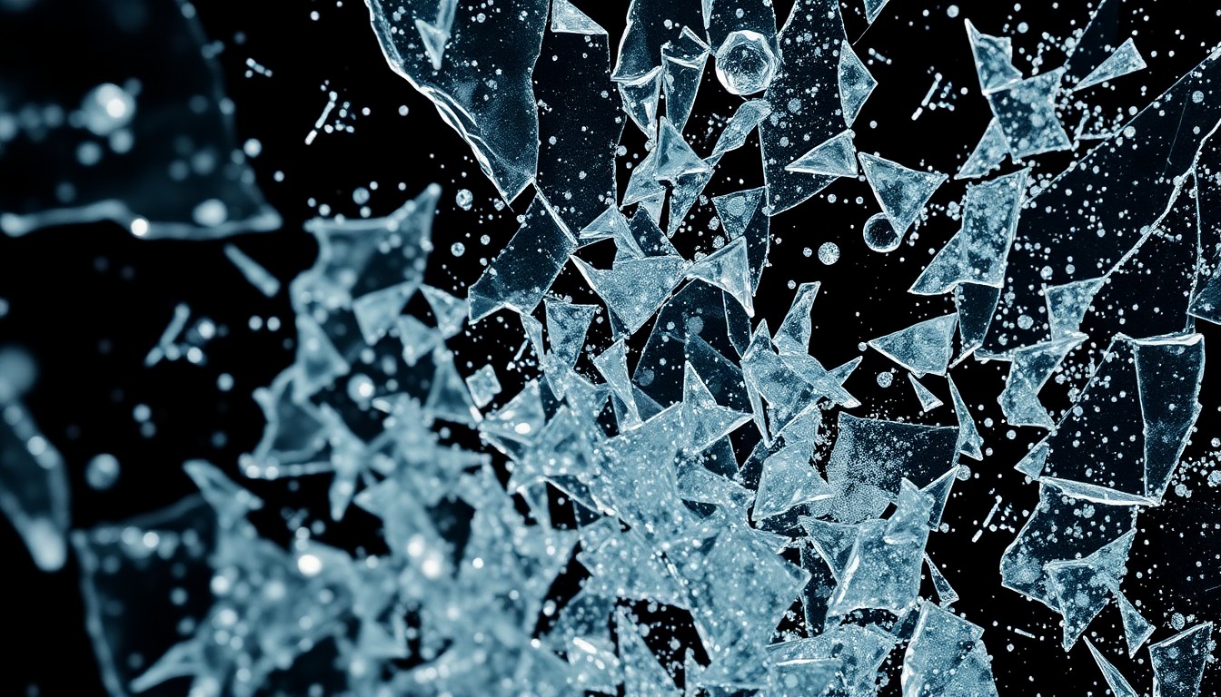 An abstract close-up photograph featuring shattered glass and glittering shards, captured in dramatic high-contrast studio lighting to evoke the ambitious yet flawed nature of David Lynch's Dune adaptation.