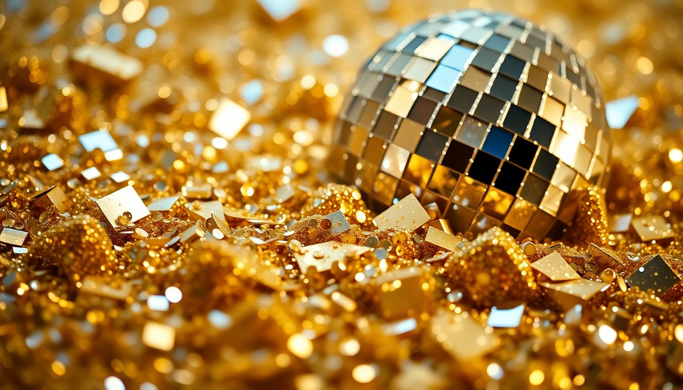 An abstract close-up photograph of shimmering gold sequins and glittering disco ball fragments, capturing the luxurious and celebratory mood of a high-profile celebrity wedding.