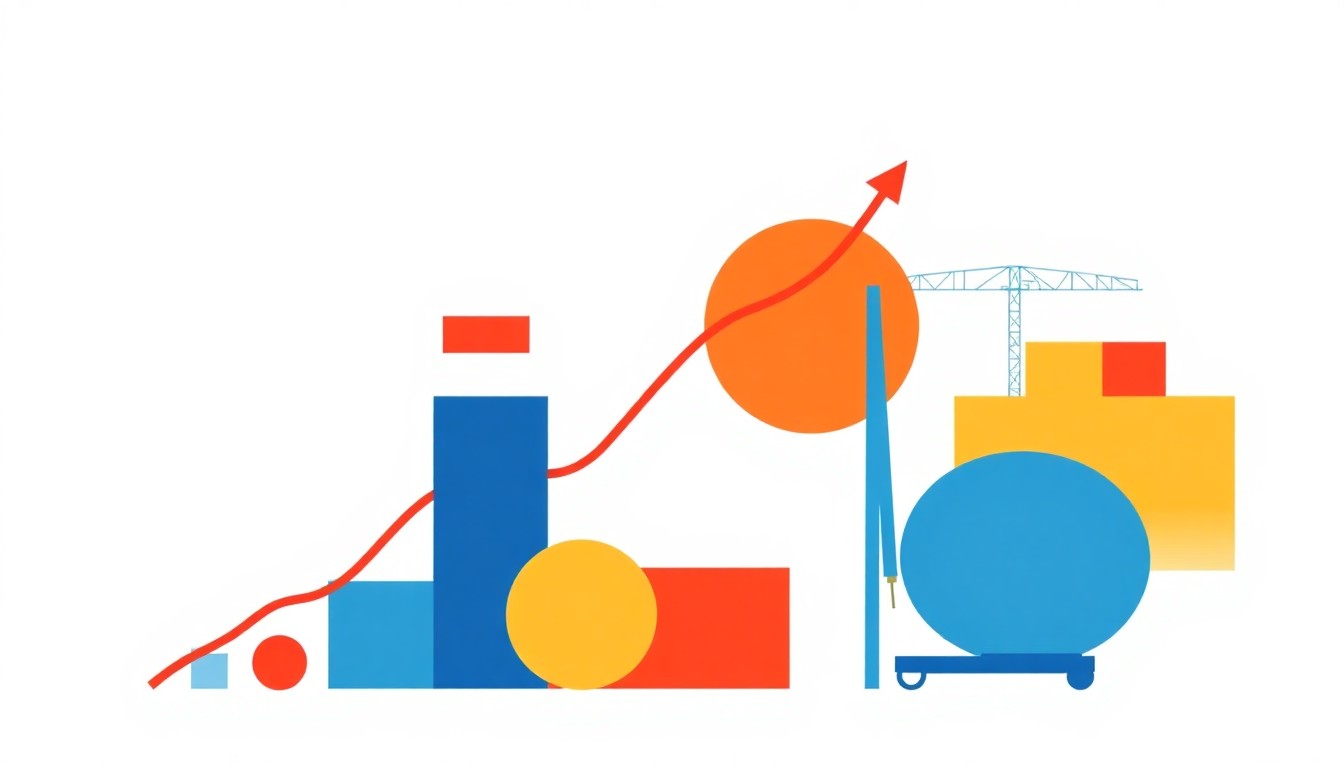A vibrant abstract illustration composed of intersecting triangles and rectangles in shades of blue, red, and yellow, conveying the complex interplay of economic forces without literal depictions.