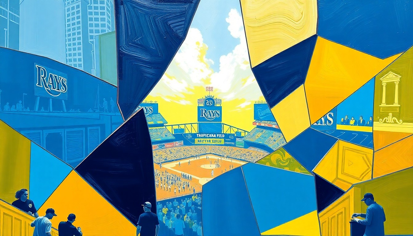 A cubist, geometric painting depicting the energy and excitement of the Rays' homecoming celebration at Tropicana Field, with overlapping shapes and planes in the team's colors of navy blue, powder blue, and yellow.