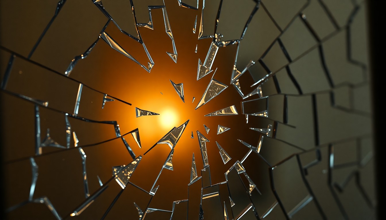 An abstract, high-contrast close-up photograph of shattered glass reflecting a soft, glimmering light, conveying the fragmented emotional state of a family grieving the loss of their central figure.