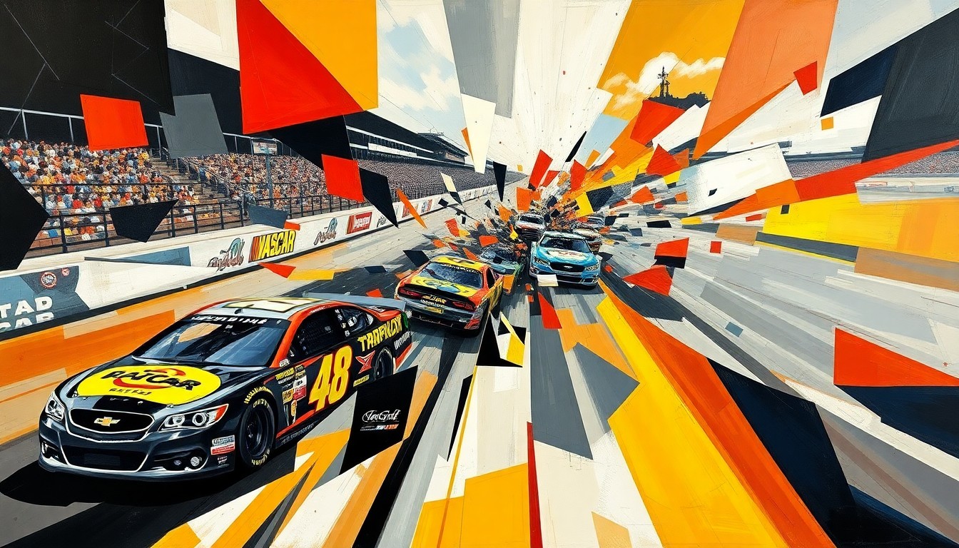 A fractured, geometric painting depicting the intense collision between two NASCAR cars, the vehicles broken down into sharp, overlapping planes of color and form, conveying the chaos and drama of the on-track incident.