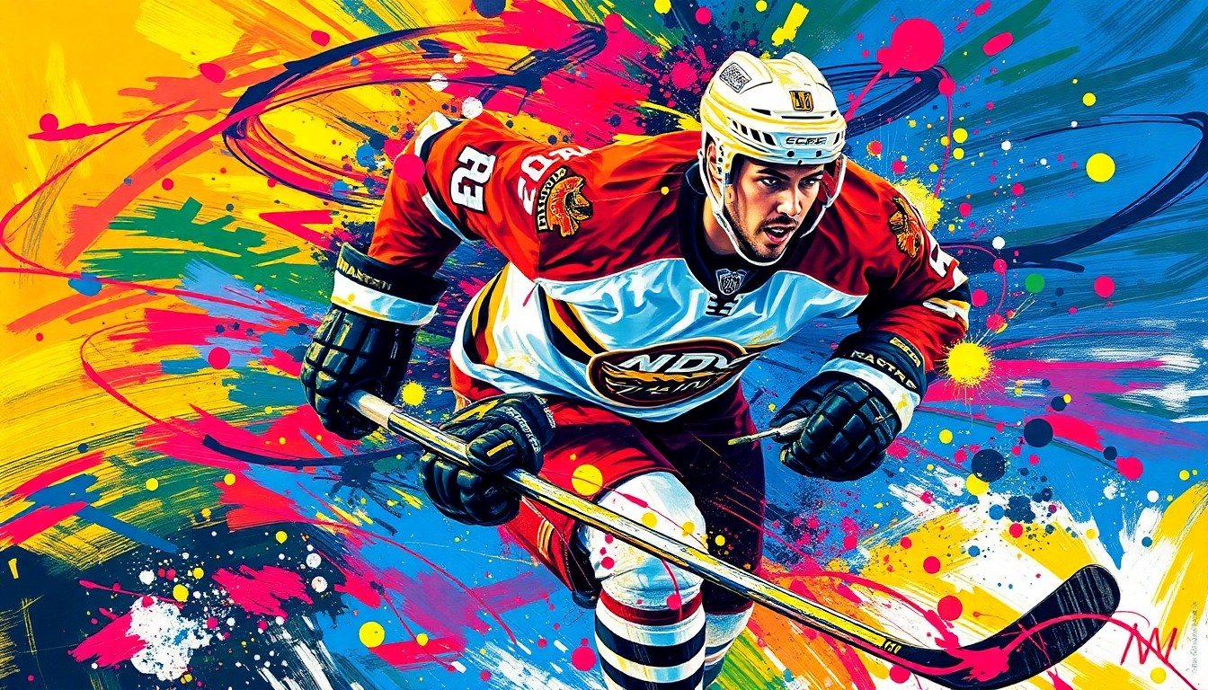 An abstract, expressionist painting in neon colors depicting the dynamic motion and energy of a hockey player, with their features and details blurred into vibrant brushstrokes.