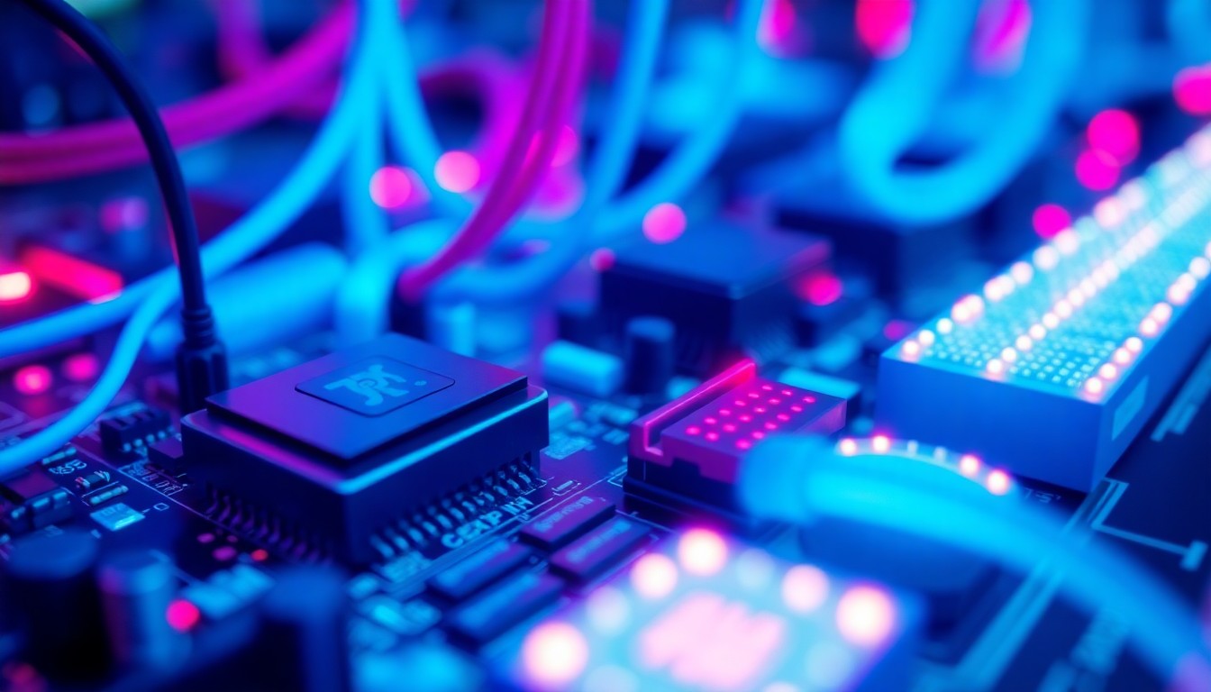A highly detailed, 3D macro illustration of a complex circuit board and wiring, illuminated by vibrant neon blue and pink lights, conceptually representing the hidden vulnerabilities in software dependencies that developers must identify and fix.