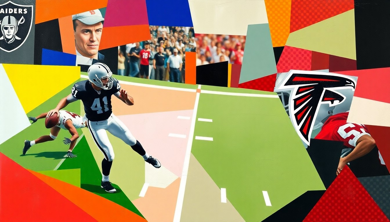 A cubist, geometric painting depicting a fragmented football game or quarterback action, using sharp, overlapping shapes and the official team colors of the Las Vegas Raiders and Atlanta Falcons to represent the strategic move of a veteran quarterback joining a new organization.
