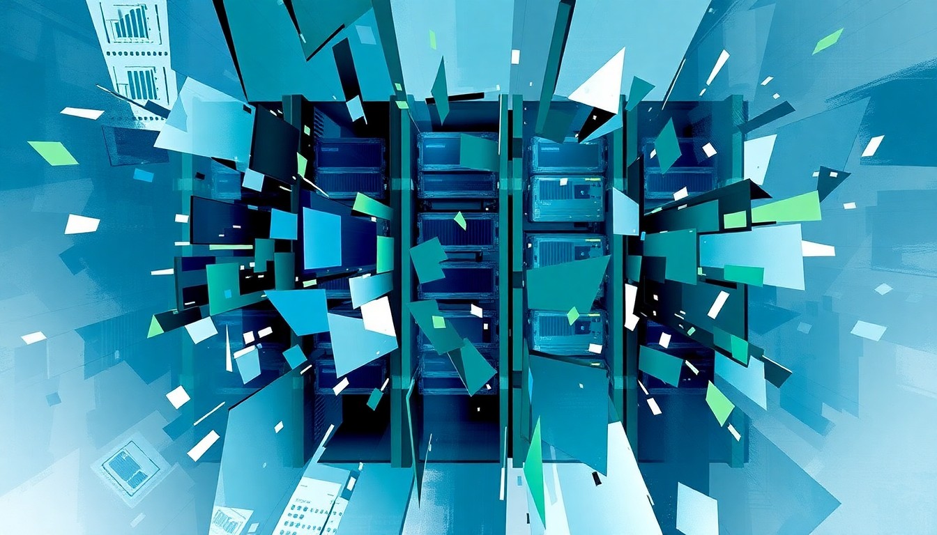 A highly stylized, fragmented painting depicting a data center or computing server in shades of blue, green, and grey, conveying a sense of motion and technological disruption.