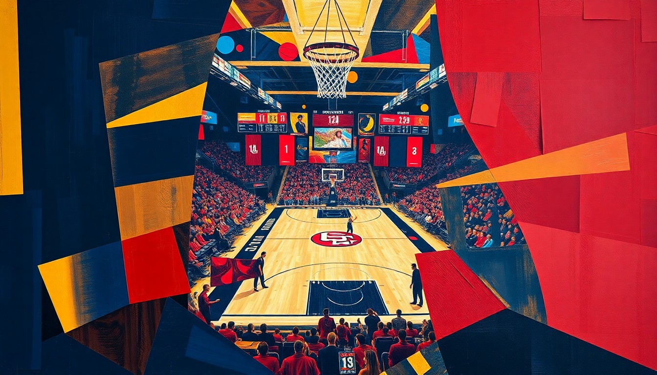 A cubist-style painting featuring fragmented, overlapping geometric shapes in navy, crimson, and gold, capturing the dynamic energy of a college basketball game.