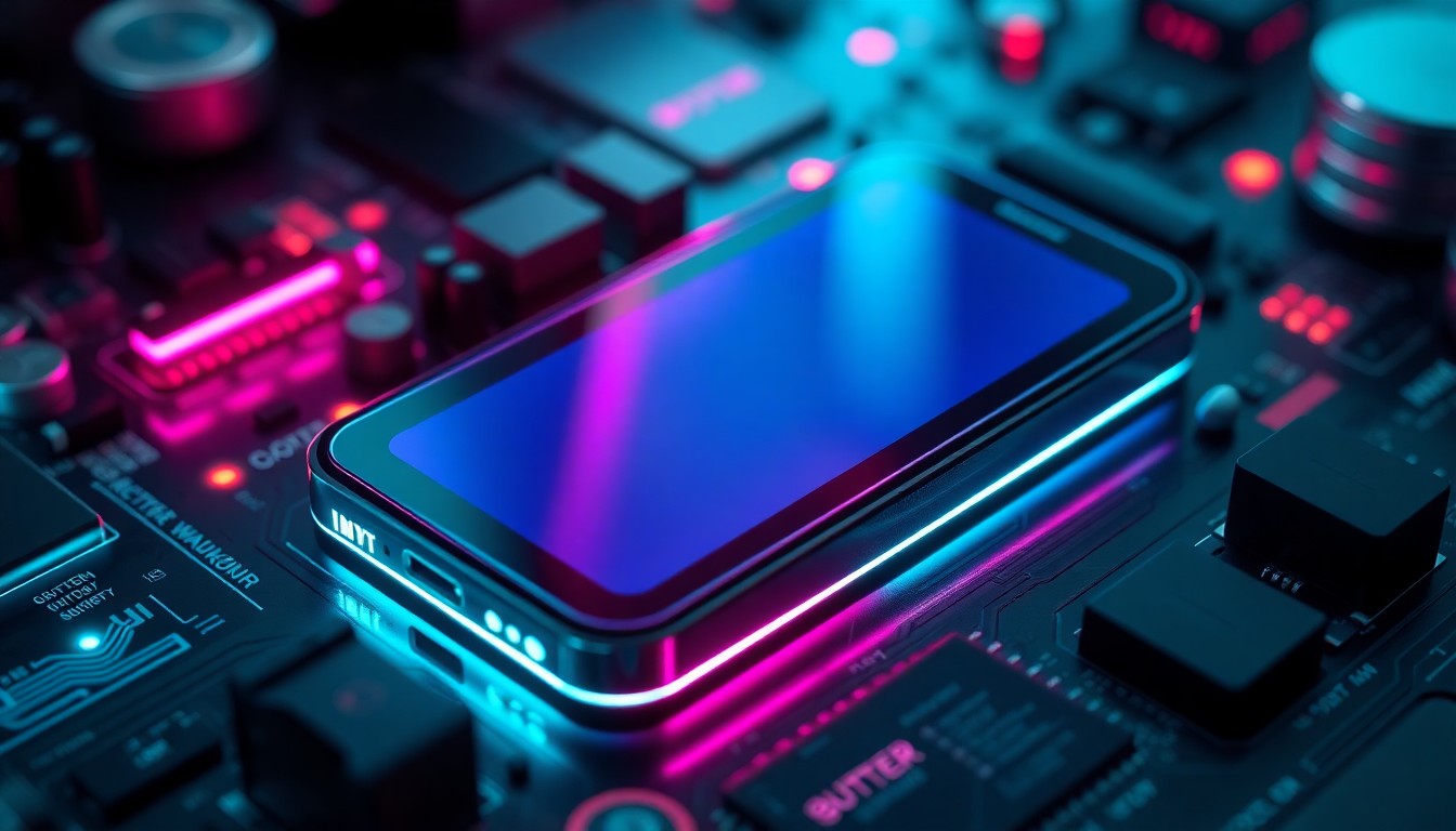 A highly detailed, glowing 3D macro illustration of a futuristic smartphone battery pack, illuminated by neon cyan and magenta lights, conceptually representing the technical details and design considerations behind Xiaomi's battery decisions for the global 17 Ultra model.