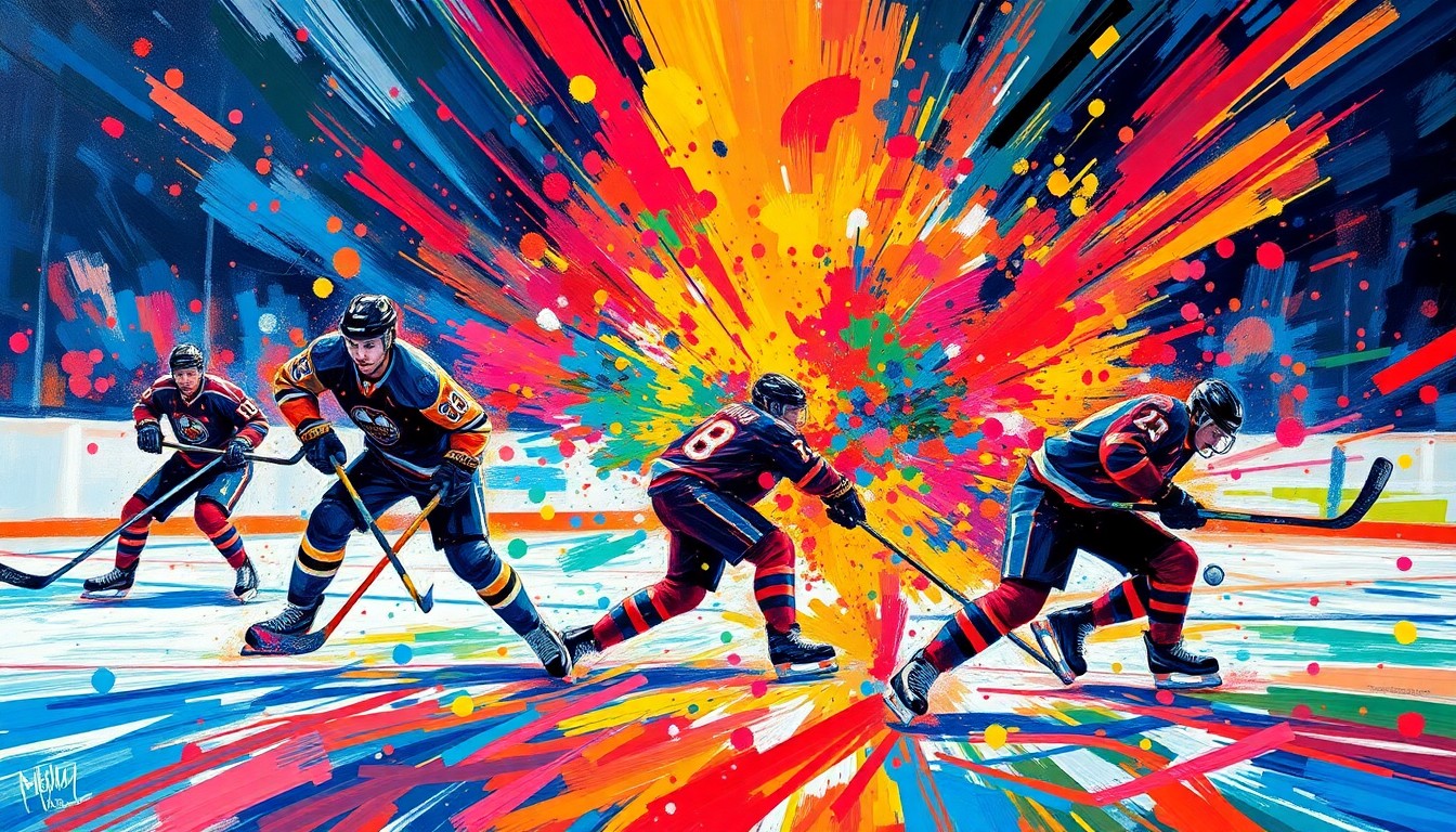 An abstract, expressionist painting in vibrant neon colors, capturing the raw energy and dynamic movements of a hockey game, with players' figures dissolving into unrecognizable splatters of color.