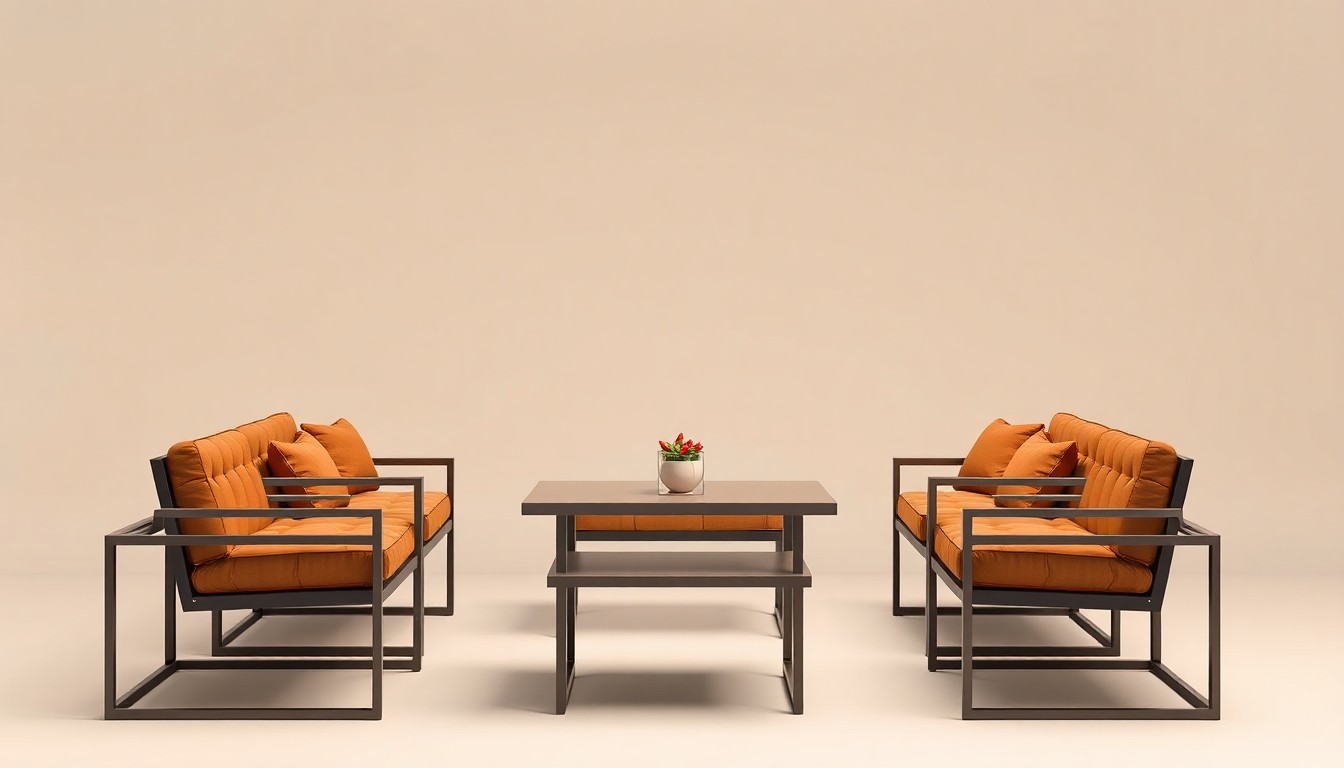 A high-end, photorealistic studio still-life photograph featuring a set of elegant, polished outdoor furniture pieces in warm, earthy tones against a clean, monochromatic background, symbolizing the expansion of GetChewaBox's outdoor seating area and the city's efforts to support local businesses and revitalize the Millville neighborhood.