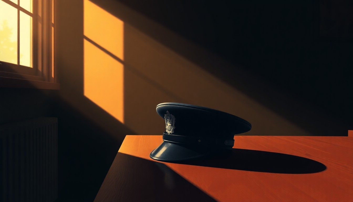 A photorealistic oil painting in the style of Edward Hopper, depicting a lone police officer's hat resting on a wooden desk in a dimly lit room, with warm sunlight streaming in through a window and casting deep shadows across the scene, creating a melancholic and reflective mood.