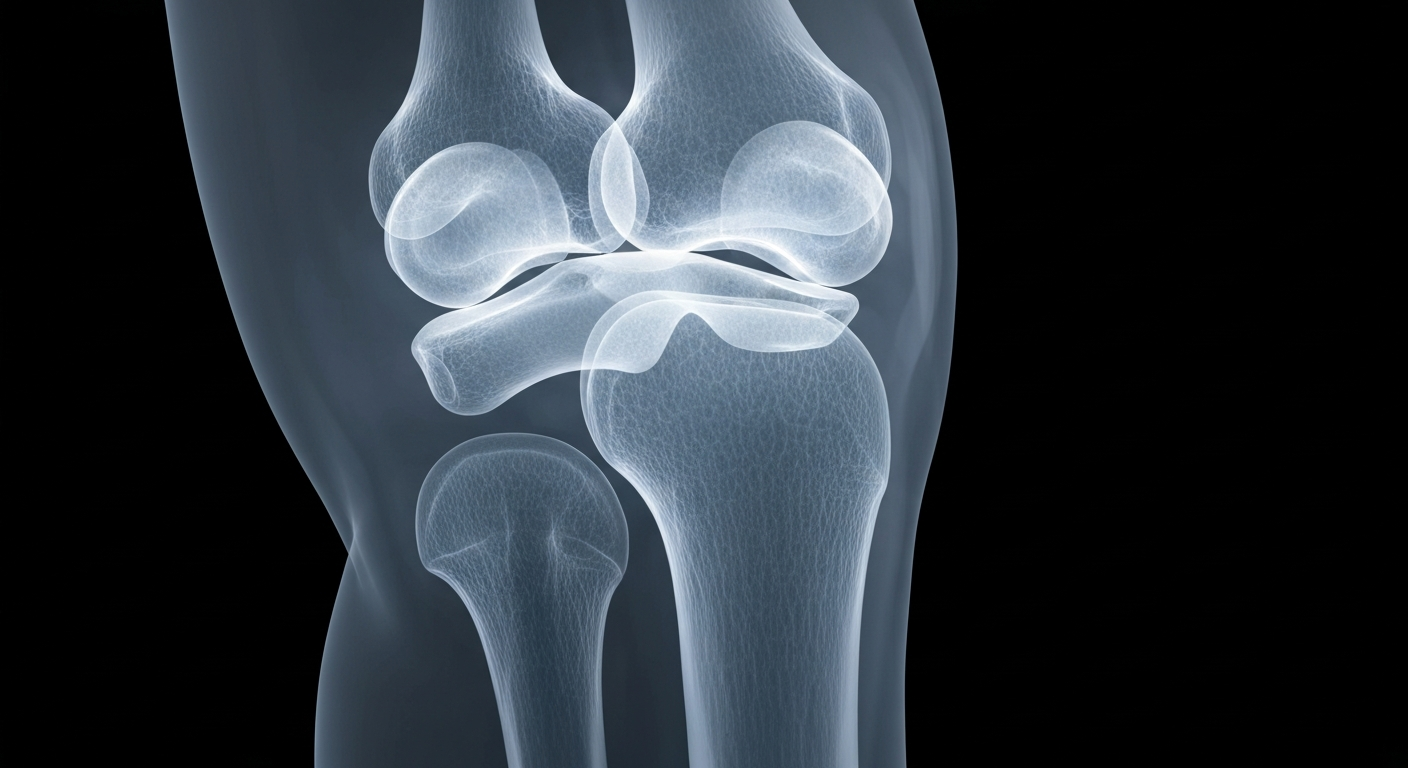 An extreme close-up of a human knee joint, rendered in a ghostly, translucent X-ray style that reveals the intricate structure of the cartilage and bone. The image conveys a sense of the delicate balance and regenerative potential within the joint, hinting at the possibility of reversing the effects of aging.