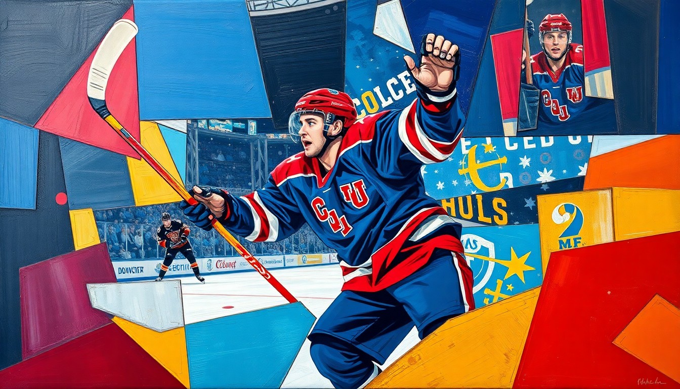 A fractured, cubist-style painting depicting a college hockey player in mid-celebration, their form broken into sharp, overlapping geometric shapes in vibrant colors, conceptually representing the individual achievement of winning the prestigious Hobey Baker Memorial Trophy.