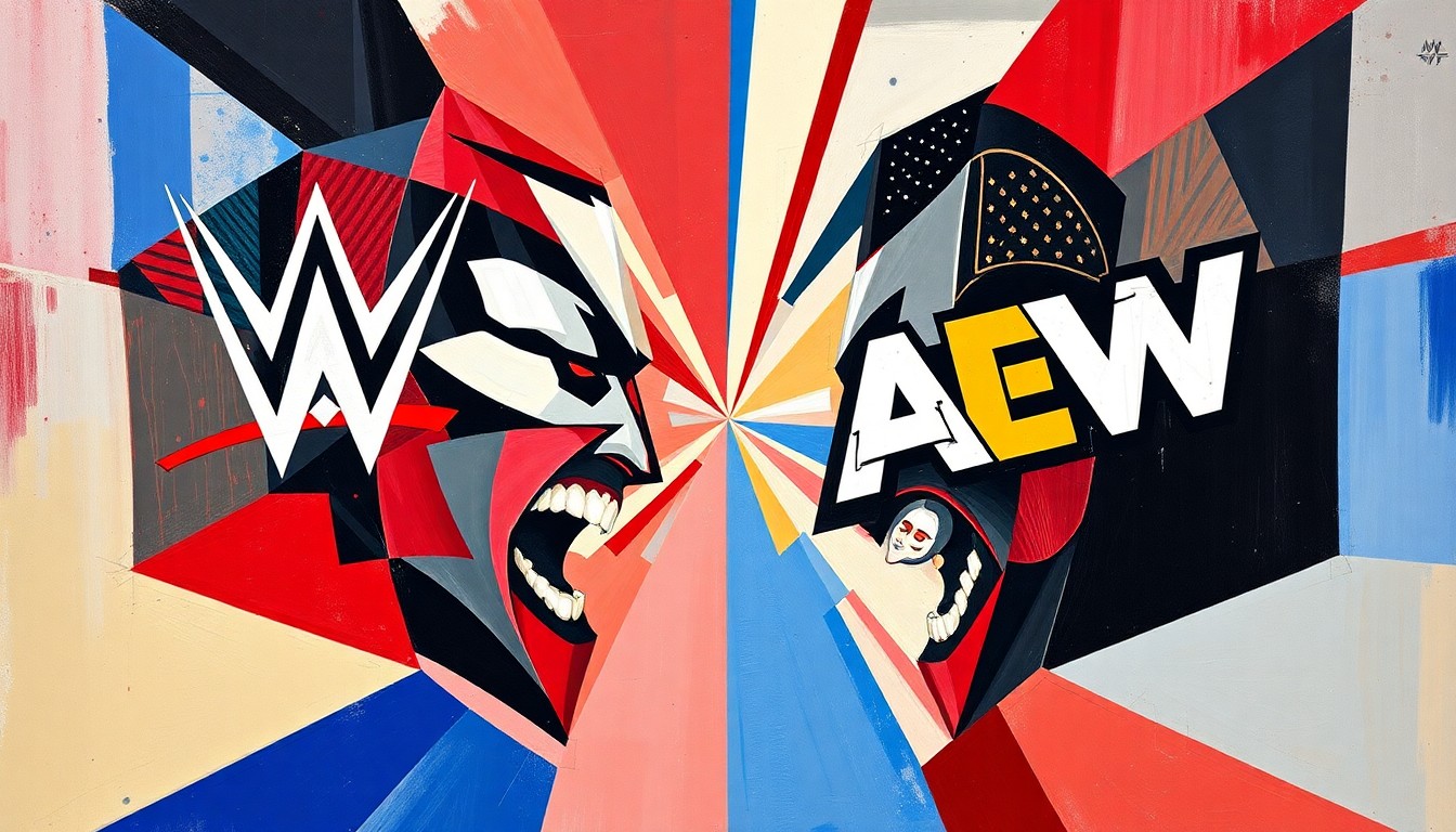 A cubist, geometric painting depicting a professional wrestling match or competition, with sharp, overlapping planes of color representing the dynamic between the WWE and AEW brands.
